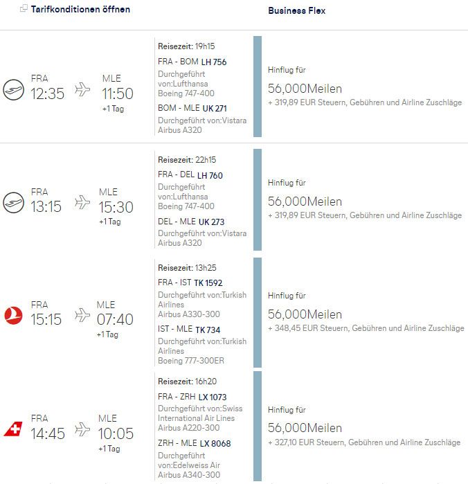 Beispiele Hinflug FRA-MLE mit Miles & More