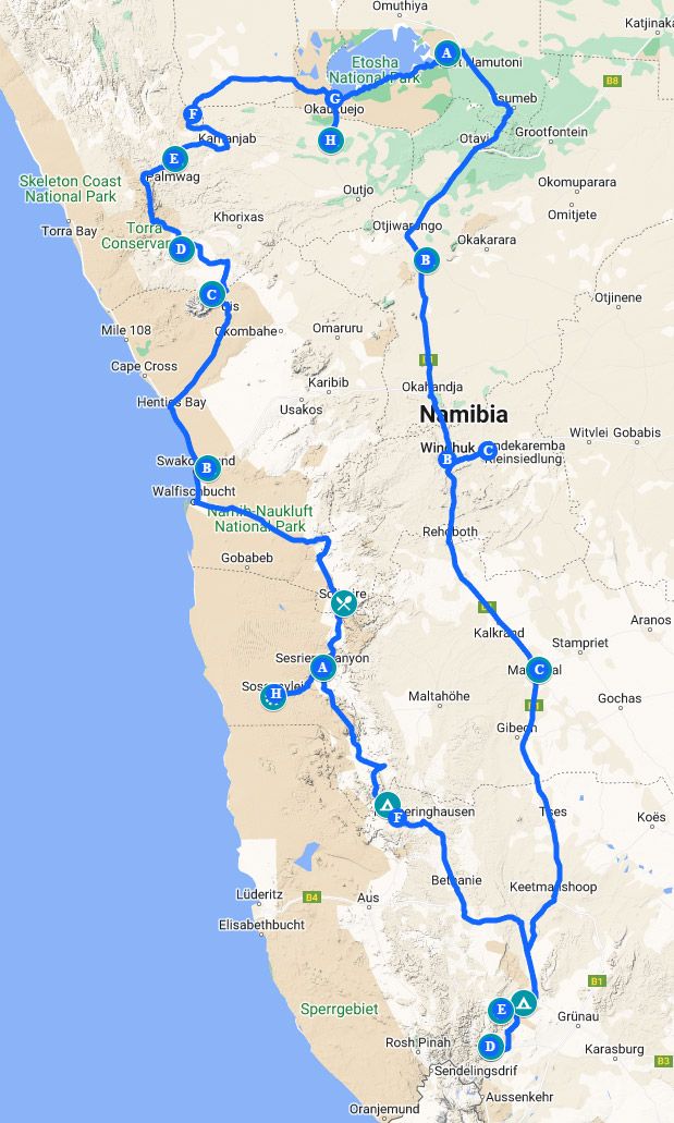 Reiseroute Namibia 2016