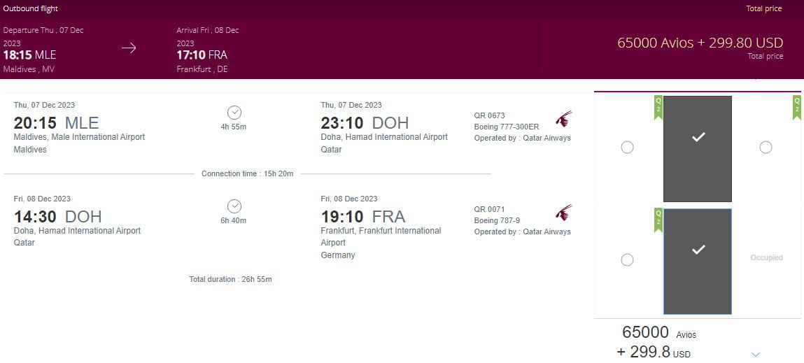 Qatar Airways von MLE nach FRA als normaler Award
