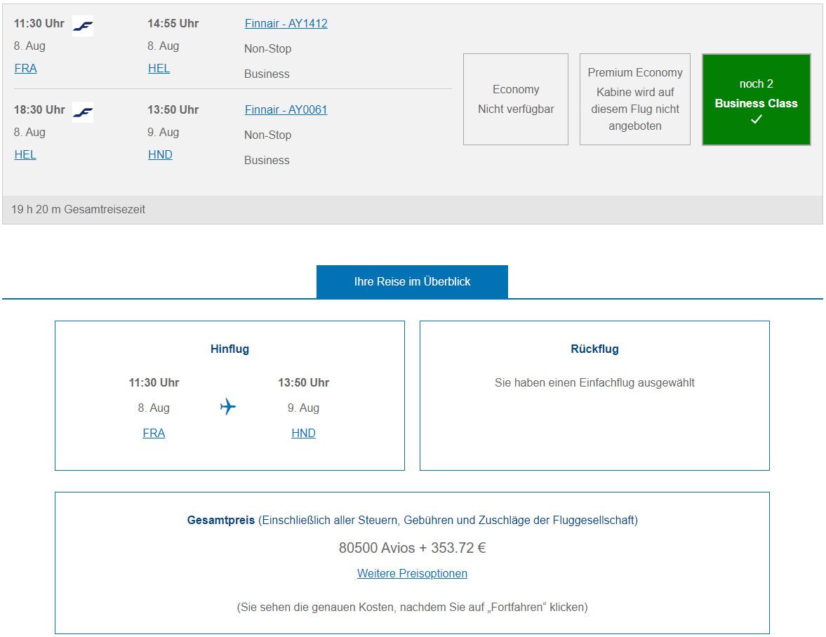 Mit Meilen nach Japan Finnair Business Class