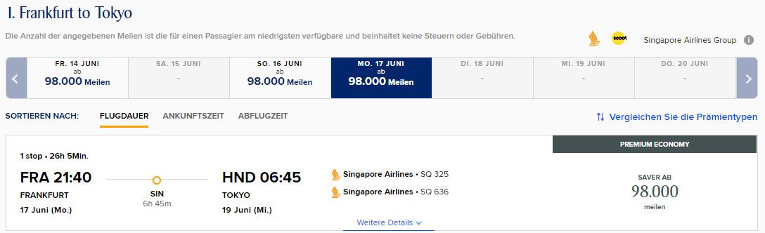 Mit Meilen nach Japan mit Singapore Airlines