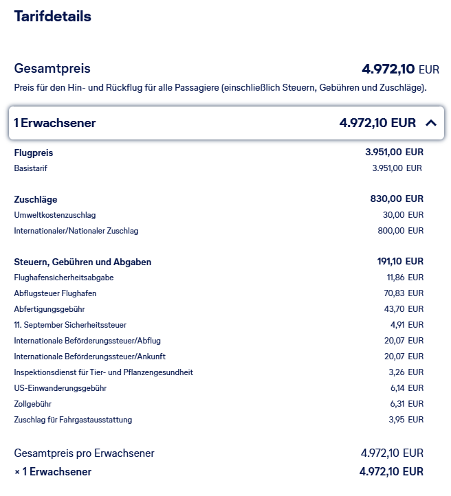 Beispiel im Juni 2025: Frankfurt - New York in der Business Class