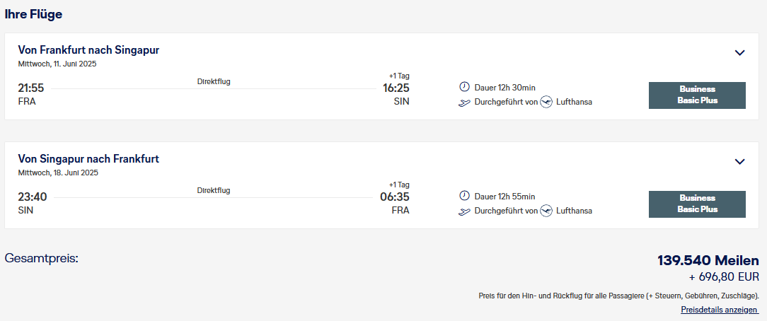 Juni 2025: Frankfurt - Singapur Business Class