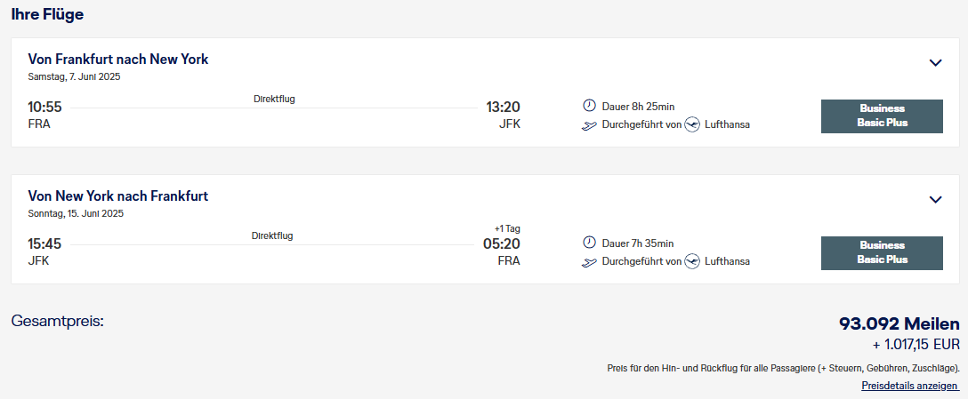 Beispiel im Juni 2025: Frankfurt - New York in der Business Class