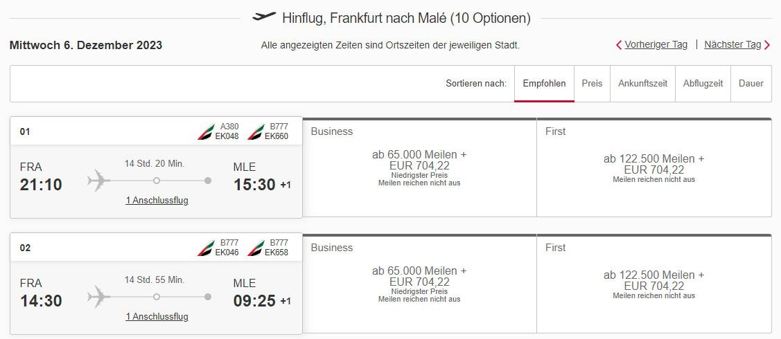 Mit Emirates und Meilen auf die Malediven