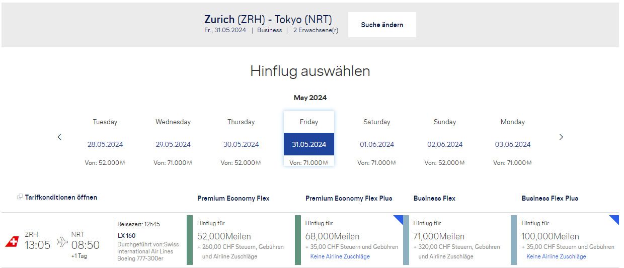 Mit Meilen von Zürich nach Tokio