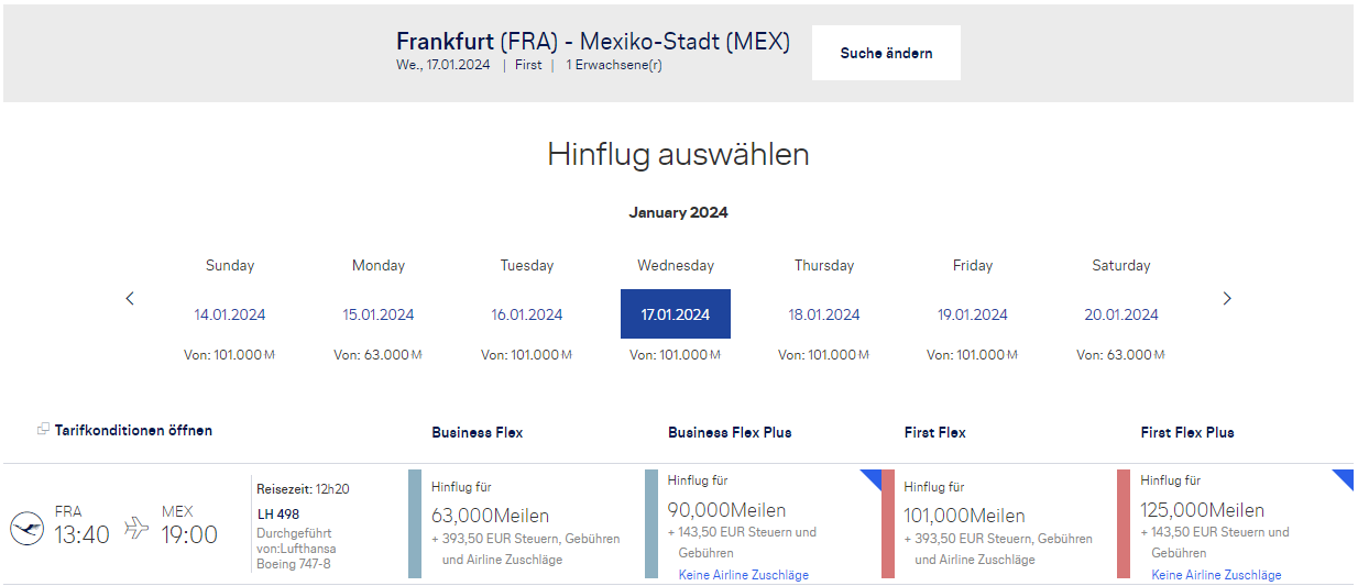 First Class Frankfurt Mexiko City mit Meilen