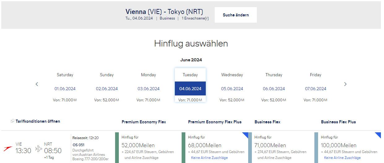 Mit Meilen von Wien nach Tokio