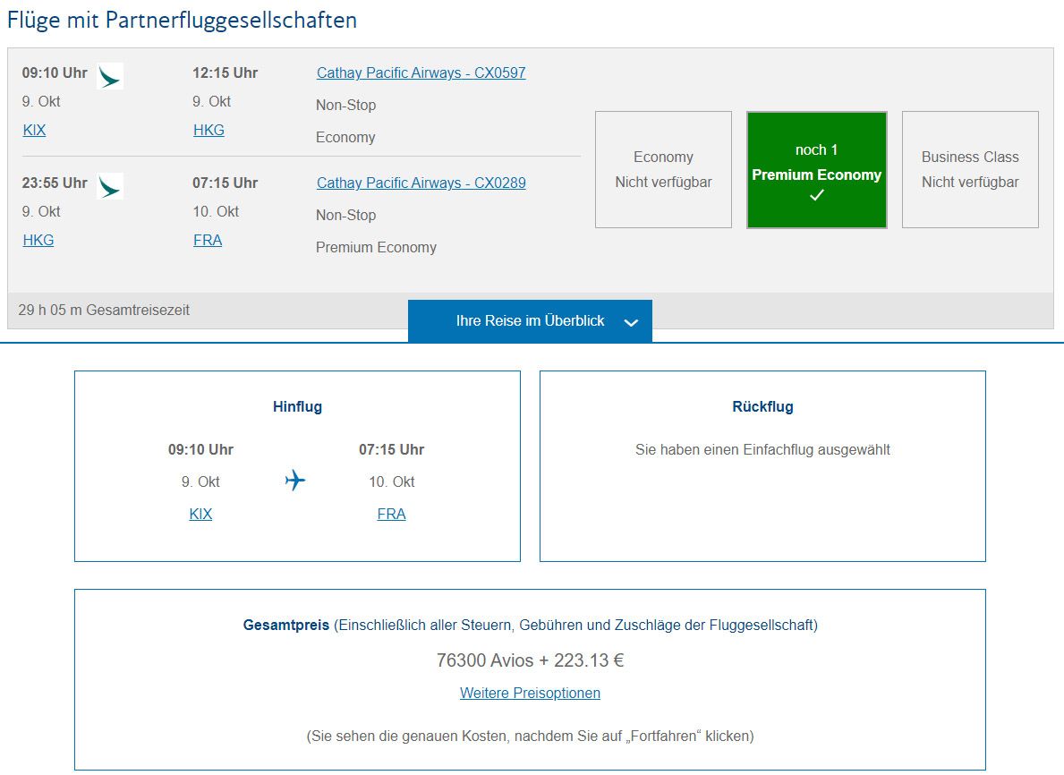 Mit Meilen nach Japan Cathay Pacific Prem Eco