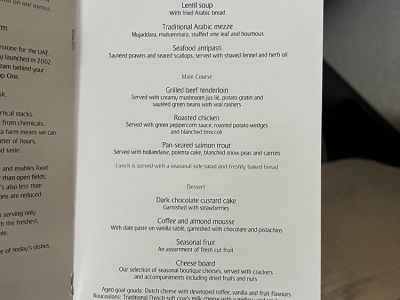 Emirates Business Class Boeing 777 - Menu