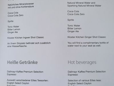 Getränke in der Eurowings Discover Business Class