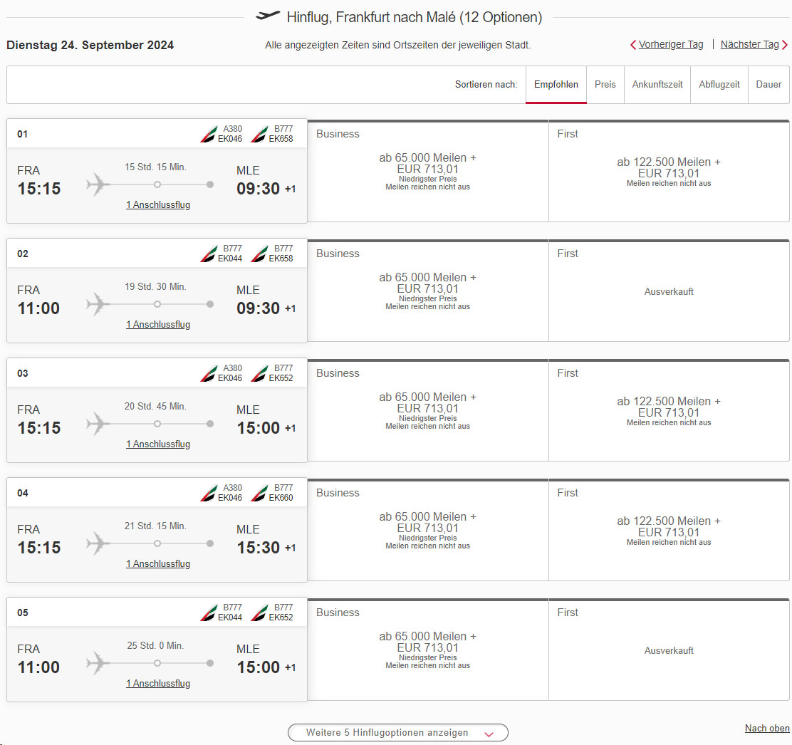 Emirates Frankfurt Malé Übersicht Hinflüge