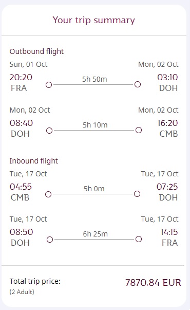 Kosten FRA-CMB mit Qatar