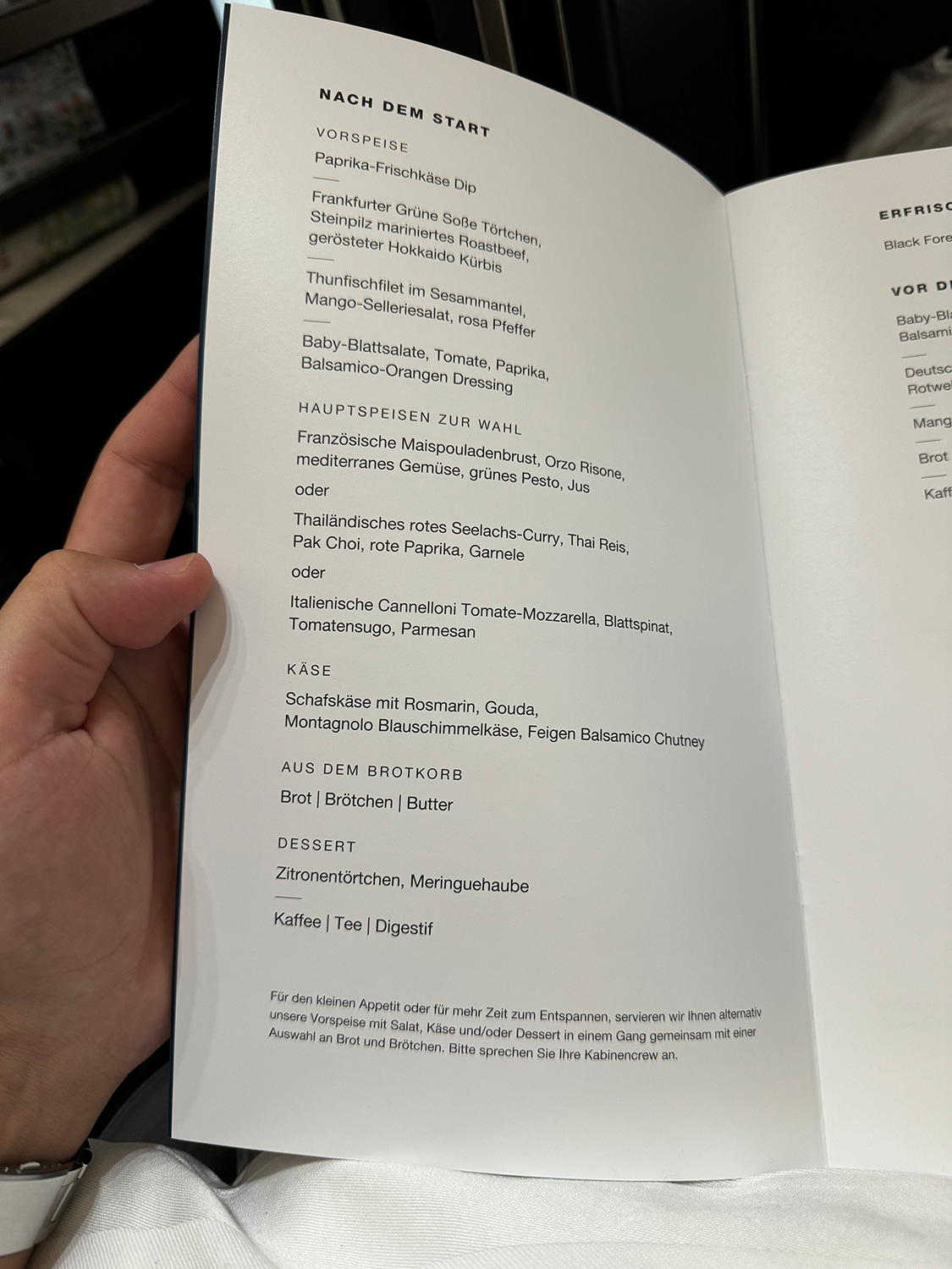 Condor Business Class - Speisekarte
